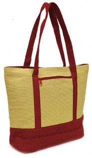 Straw Shopping Tote Bags - Paper Straw w/ Color Band Trim - Red - BG-ST400RD
